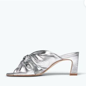 Freda Salvador “Valentina” twist mid-heel sandal in silver calf leather